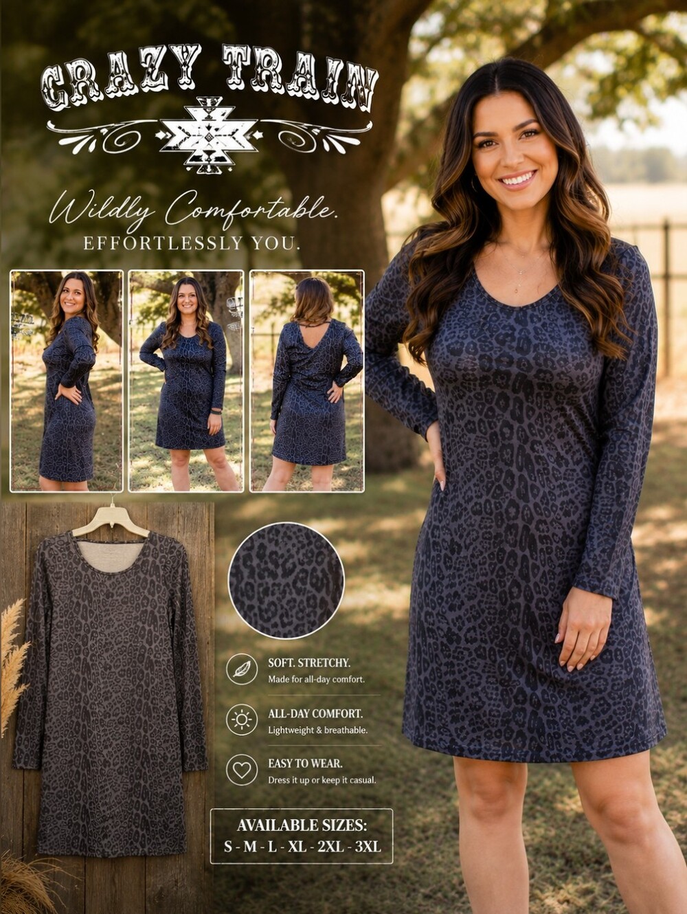 NWT Crazy Train Leopard Print Bodycon Dress Tunic Gray Black Medium